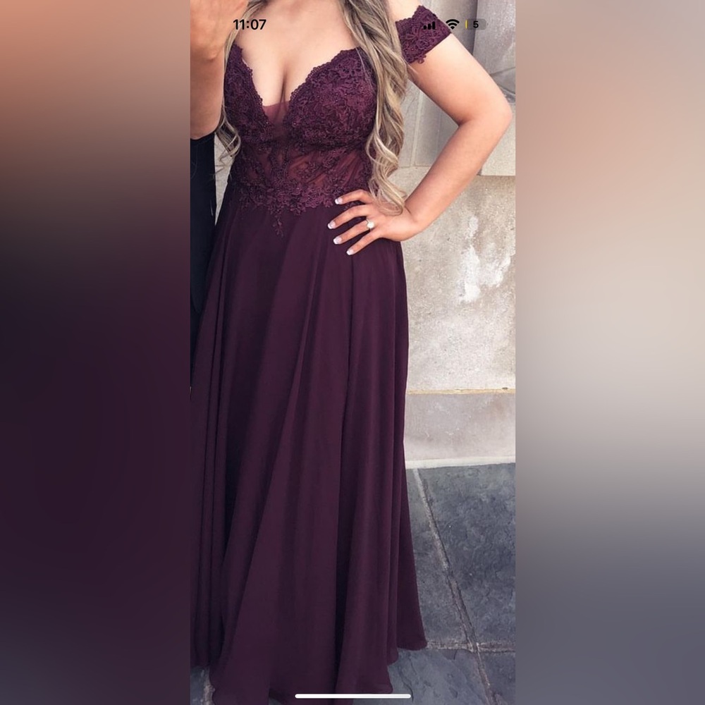 Maroon size 12 prom dress with corset top & gem detailing, off the shoulder